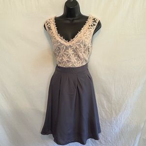 D-144 A’reve Cream & Gray Lace‎ Sleeveless MIDI Lined Summer Dress Size L